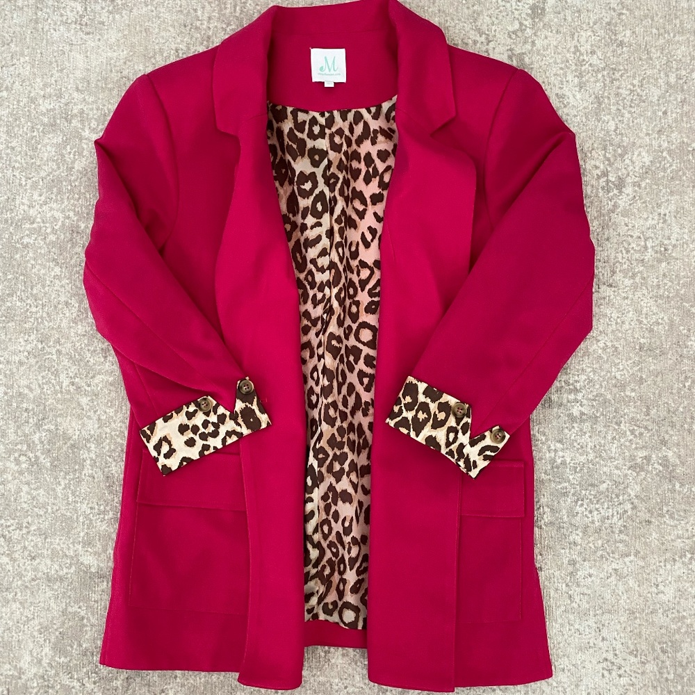 Hot Pink Blazer with Leopard Print Sleeve Cuffs and Interior Lining (S) NWOT